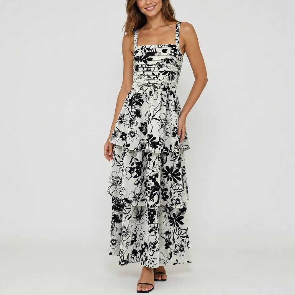 Abercrombie & Fitch Emerson Maxi Dress SP White Black Floral Tiered Boho